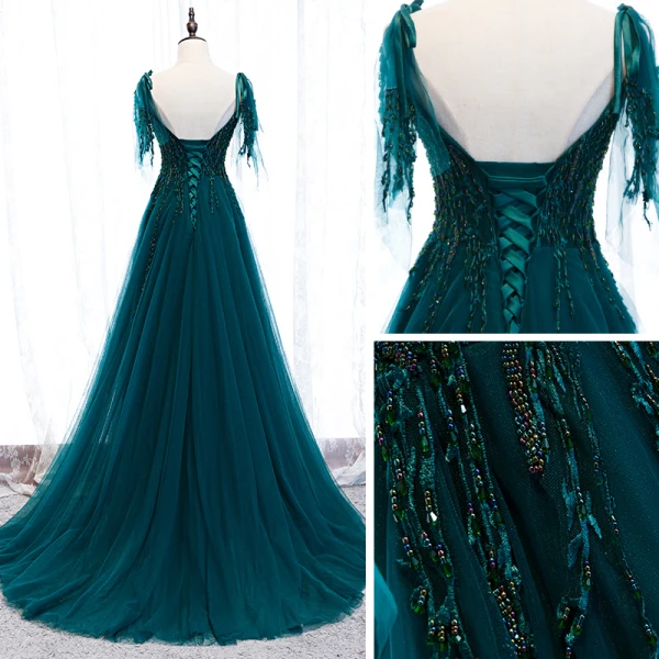 Best Dark Green Prom Dresses 2021 A-Line / Princess Spaghetti Straps Sleeveless Appliques Lace Beading Floor-Length / Long Ruffle Backless Formal Dresses