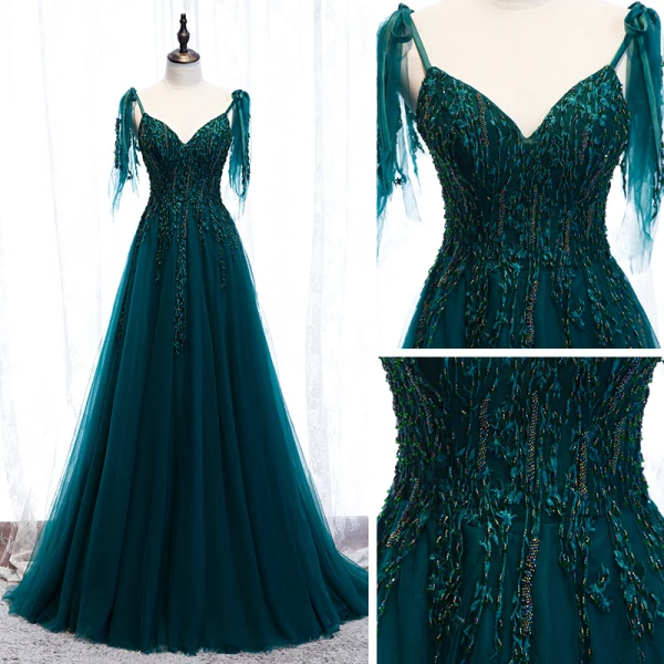 Best Dark Green Prom Dresses 2021 A-Line / Princess Spaghetti Straps Sleeveless Appliques Lace Beading Floor-Length / Long Ruffle Backless Formal Dresses
