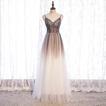 Illusion Brown Gradient Color White See Through Prom Dresses 2021 A Line Princess Spaghetti Straps Sleeveless Beading Sequins Floor Length Long Ruffle Backless Formal Dresses