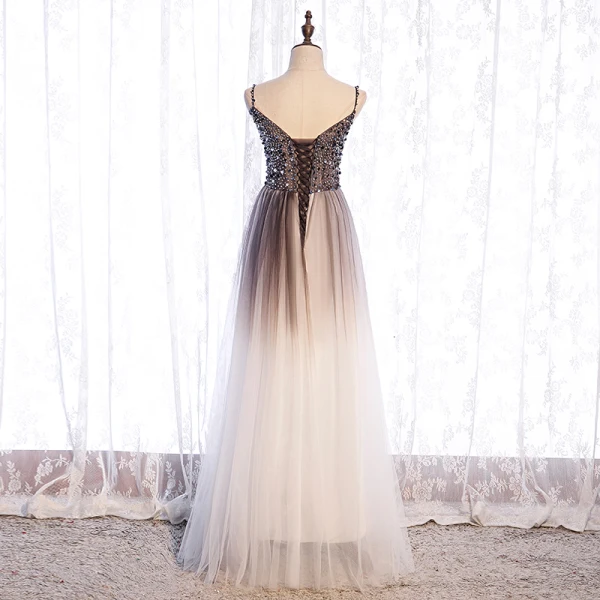 Illusion Marron Dégradé De Couleur Blanche Transparentes Robe De Bal 2021 Princesse Bretelles Spaghetti Sans Manches Perlage Paillettes Longue Volants Dos Nu Robe De Ceremonie