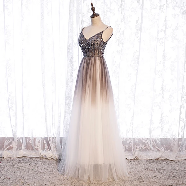 Illusion Marron Dégradé De Couleur Blanche Transparentes Robe De Bal 2021 Princesse Bretelles Spaghetti Sans Manches Perlage Paillettes Longue Volants Dos Nu Robe De Ceremonie