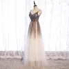 Illusion Brown Gradient-Color White See-through Prom Dresses 2021 A-Line / Princess Spaghetti Straps Sleeveless Beading Sequins Floor-Length / Long Ruffle Backless Formal Dresses