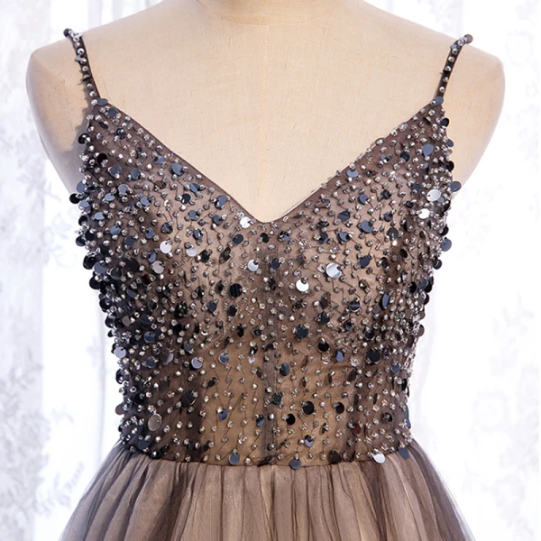 Illusion Marron Dégradé De Couleur Blanche Transparentes Robe De Bal 2021 Princesse Bretelles Spaghetti Sans Manches Perlage Paillettes Longue Volants Dos Nu Robe De Ceremonie