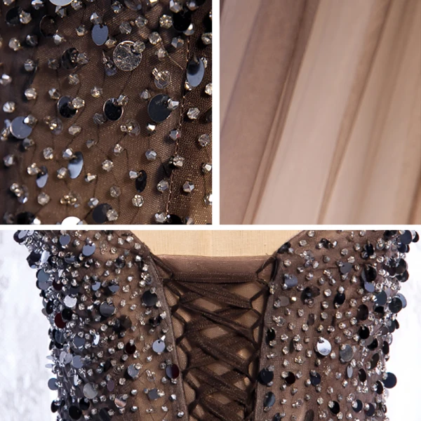 Illusion Marron Dégradé De Couleur Blanche Transparentes Robe De Bal 2021 Princesse Bretelles Spaghetti Sans Manches Perlage Paillettes Longue Volants Dos Nu Robe De Ceremonie