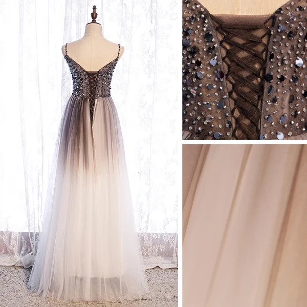 Illusion Marron Dégradé De Couleur Blanche Transparentes Robe De Bal 2021 Princesse Bretelles Spaghetti Sans Manches Perlage Paillettes Longue Volants Dos Nu Robe De Ceremonie