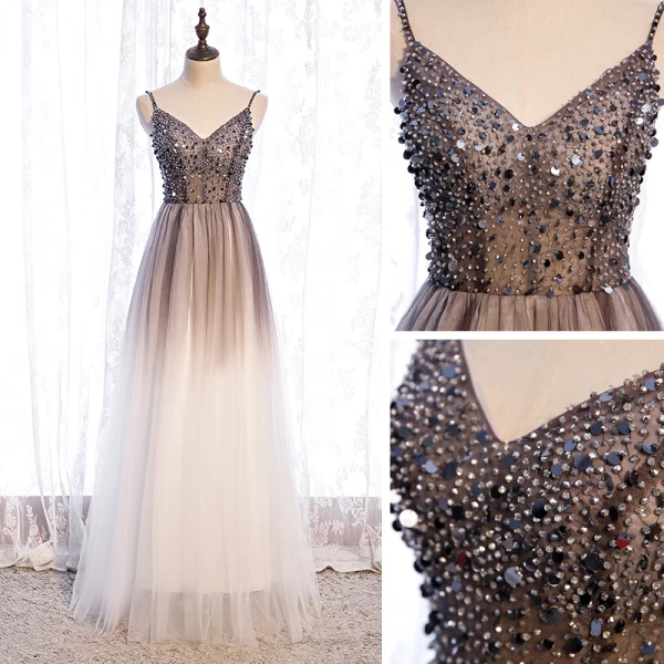 Illusion Marron Dégradé De Couleur Blanche Transparentes Robe De Bal 2021 Princesse Bretelles Spaghetti Sans Manches Perlage Paillettes Longue Volants Dos Nu Robe De Ceremonie