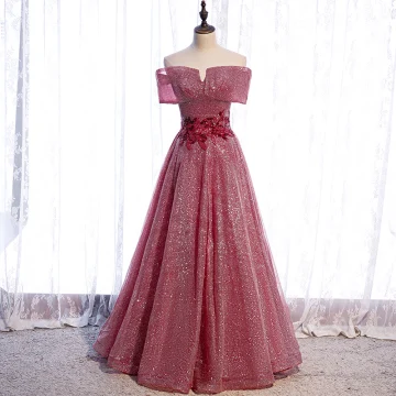 Chic Belle Bordeaux Dansant Robe De Bal 2021 Princesse De L 039 Épaule Manches Courtes Appliques En Dentelle Perlage Glitter Polyester Longue Volants Dos Nu Robe De Ceremonie
