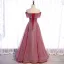 Chic / Beautiful Burgundy Dancing Prom Dresses 2021 A-Line / Princess Off-The-Shoulder Short Sleeve Appliques Lace Beading Glitter Polyester Floor-Length / Long Ruffle Backless Formal Dresses