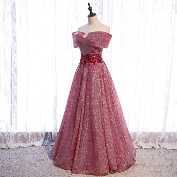 Chic / Beautiful Burgundy Dancing Prom Dresses 2021 A-Line / Princess Off-The-Shoulder Short Sleeve Appliques Lace Beading Glitter Polyester Floor-Length / Long Ruffle Backless Formal Dresses