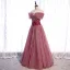 Chic / Beautiful Burgundy Dancing Prom Dresses 2021 A-Line / Princess Off-The-Shoulder Short Sleeve Appliques Lace Beading Glitter Polyester Floor-Length / Long Ruffle Backless Formal Dresses