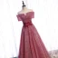 Chic / Beautiful Burgundy Dancing Prom Dresses 2021 A-Line / Princess Off-The-Shoulder Short Sleeve Appliques Lace Beading Glitter Polyester Floor-Length / Long Ruffle Backless Formal Dresses