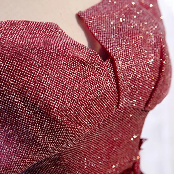 Chic / Beautiful Burgundy Dancing Prom Dresses 2021 A-Line / Princess Off-The-Shoulder Short Sleeve Appliques Lace Beading Glitter Polyester Floor-Length / Long Ruffle Backless Formal Dresses