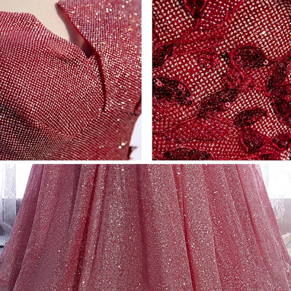 Chic / Beautiful Burgundy Dancing Prom Dresses 2021 A-Line / Princess Off-The-Shoulder Short Sleeve Appliques Lace Beading Glitter Polyester Floor-Length / Long Ruffle Backless Formal Dresses