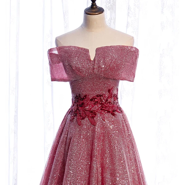 Chic / Beautiful Burgundy Dancing Prom Dresses 2021 A-Line / Princess Off-The-Shoulder Short Sleeve Appliques Lace Beading Glitter Polyester Floor-Length / Long Ruffle Backless Formal Dresses
