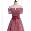 Chic / Beautiful Burgundy Dancing Prom Dresses 2021 A-Line / Princess Off-The-Shoulder Short Sleeve Appliques Lace Beading Glitter Polyester Floor-Length / Long Ruffle Backless Formal Dresses