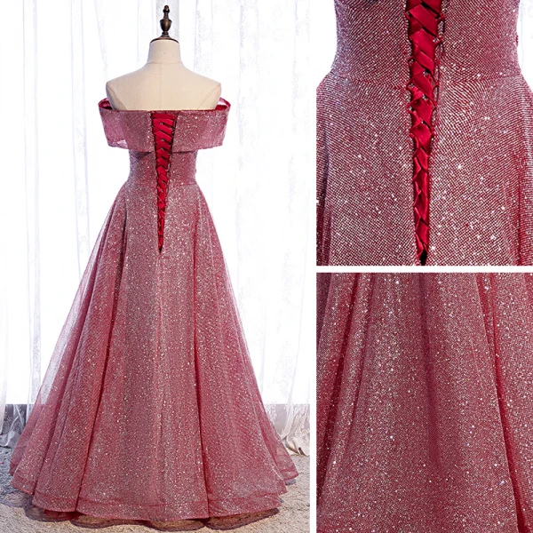 Chic / Beautiful Burgundy Dancing Prom Dresses 2021 A-Line / Princess Off-The-Shoulder Short Sleeve Appliques Lace Beading Glitter Polyester Floor-Length / Long Ruffle Backless Formal Dresses