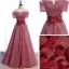 Chic / Beautiful Burgundy Dancing Prom Dresses 2021 A-Line / Princess Off-The-Shoulder Short Sleeve Appliques Lace Beading Glitter Polyester Floor-Length / Long Ruffle Backless Formal Dresses