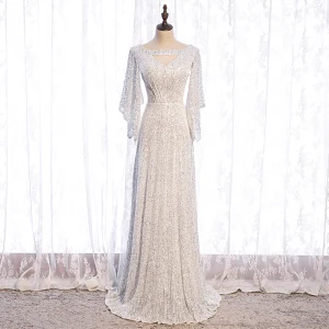 Sparkly Sequins White Prom Dresses 2021 A Line Princess Square Neckline Long Sleeve Sweep Train Ruffle Backless Formal Dresses