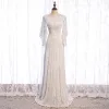 Sparkly Sequins White Prom Dresses 2021 A-Line / Princess Square Neckline Long Sleeve Sweep Train Ruffle Backless Formal Dresses