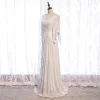Sparkly Sequins White Prom Dresses 2021 A-Line / Princess Square Neckline Long Sleeve Sweep Train Ruffle Backless Formal Dresses