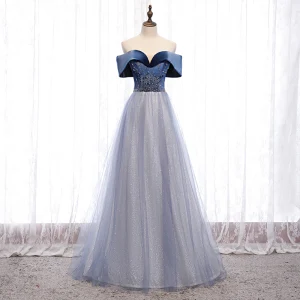 Chic Belle Bleu Marine Dansant Robe De Bal 2021 Princesse De L 039 Épaule Manches Courtes Perlage Glitter Tulle Longue Volants Dos Nu Robe De Ceremonie