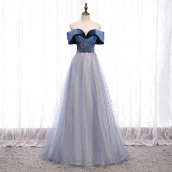 Chic Belle Bleu Marine Dansant Robe De Bal 2021 Princesse De L 039 Épaule Manches Courtes Perlage Glitter Tulle Longue Volants Dos Nu Robe De Ceremonie