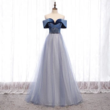Chic Beautiful Navy Blue Dancing Prom Dresses 2021 A Line Princess Off The Shoulder Short Sleeve Beading Glitter Tulle Floor Length Long Ruffle Backless Formal Dresses