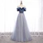 Chic / Beautiful Navy Blue Dancing Prom Dresses 2021 A-Line / Princess Off-The-Shoulder Short Sleeve Beading Glitter Tulle Floor-Length / Long Ruffle Backless Formal Dresses
