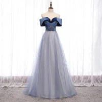 Schöne Marineblau Tanzen Ballkleider 2021 A Linie Off Shoulder Kurze Ärmel Perlenstickerei Glanz Tülle Lange Rüschen Rückenfreies Festliche Kleider
