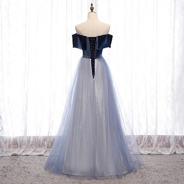 Chic / Beautiful Navy Blue Dancing Prom Dresses 2021 A-Line / Princess Off-The-Shoulder Short Sleeve Beading Glitter Tulle Floor-Length / Long Ruffle Backless Formal Dresses