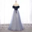 Chic / Beautiful Navy Blue Dancing Prom Dresses 2021 A-Line / Princess Off-The-Shoulder Short Sleeve Beading Glitter Tulle Floor-Length / Long Ruffle Backless Formal Dresses