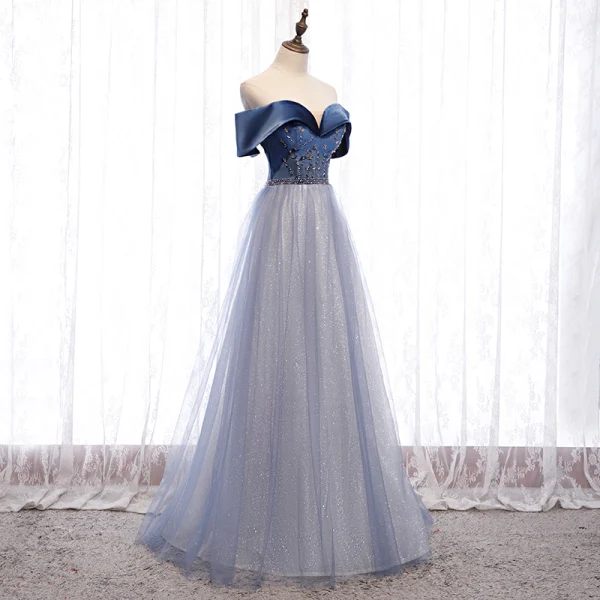 Chic / Beautiful Navy Blue Dancing Prom Dresses 2021 A-Line / Princess Off-The-Shoulder Short Sleeve Beading Glitter Tulle Floor-Length / Long Ruffle Backless Formal Dresses