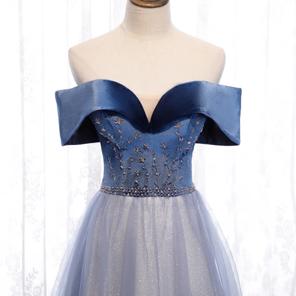 Chic / Beautiful Navy Blue Dancing Prom Dresses 2021 A-Line / Princess Off-The-Shoulder Short Sleeve Beading Glitter Tulle Floor-Length / Long Ruffle Backless Formal Dresses