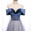 Chic / Beautiful Navy Blue Dancing Prom Dresses 2021 A-Line / Princess Off-The-Shoulder Short Sleeve Beading Glitter Tulle Floor-Length / Long Ruffle Backless Formal Dresses