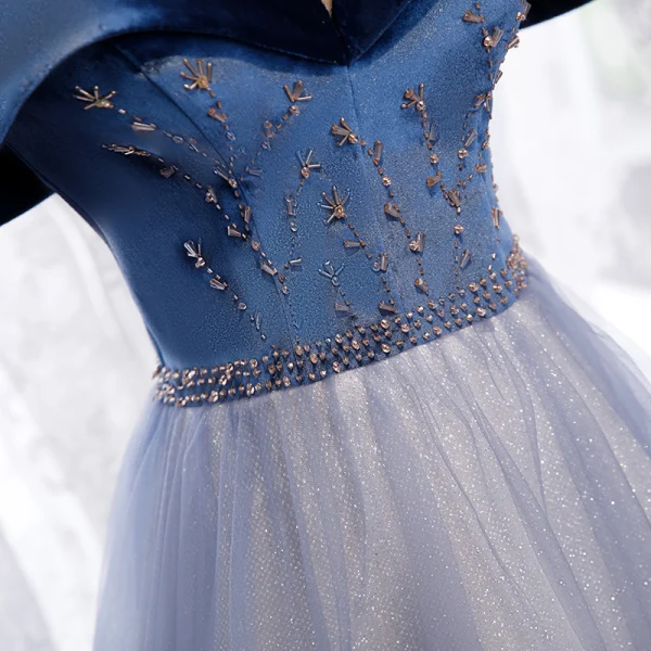 Chic / Beautiful Navy Blue Dancing Prom Dresses 2021 A-Line / Princess Off-The-Shoulder Short Sleeve Beading Glitter Tulle Floor-Length / Long Ruffle Backless Formal Dresses