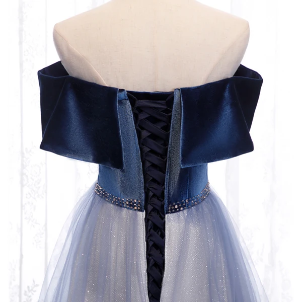 Chic / Beautiful Navy Blue Dancing Prom Dresses 2021 A-Line / Princess Off-The-Shoulder Short Sleeve Beading Glitter Tulle Floor-Length / Long Ruffle Backless Formal Dresses