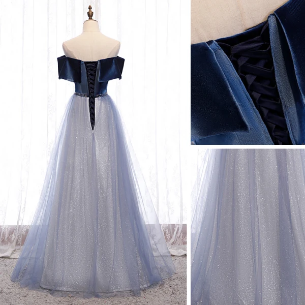 Chic / Beautiful Navy Blue Dancing Prom Dresses 2021 A-Line / Princess Off-The-Shoulder Short Sleeve Beading Glitter Tulle Floor-Length / Long Ruffle Backless Formal Dresses