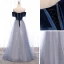 Chic / Beautiful Navy Blue Dancing Prom Dresses 2021 A-Line / Princess Off-The-Shoulder Short Sleeve Beading Glitter Tulle Floor-Length / Long Ruffle Backless Formal Dresses