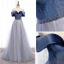Chic / Beautiful Navy Blue Dancing Prom Dresses 2021 A-Line / Princess Off-The-Shoulder Short Sleeve Beading Glitter Tulle Floor-Length / Long Ruffle Backless Formal Dresses