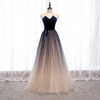 Best Navy Blue Gradient Color Dancing Prom Dresses 2021 A Line Princess Sweetheart Sleeveless Sash Glitter Tulle Floor Length Long Ruffle Backless Formal Dresses