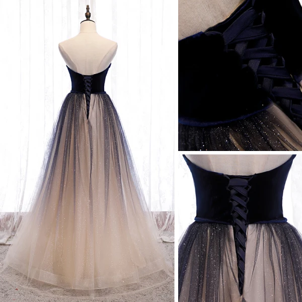 Beste Mørk Marineblå Gradient-Farge Dancing Ballkjoler 2021 Prinsesse Kjæreste Uten Ermer Sash Glitter Tyll Lange Buste Ryggløse Formelle Kjoler