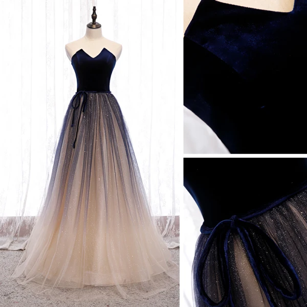 Beste Mørk Marineblå Gradient-Farge Dancing Ballkjoler 2021 Prinsesse Kjæreste Uten Ermer Sash Glitter Tyll Lange Buste Ryggløse Formelle Kjoler