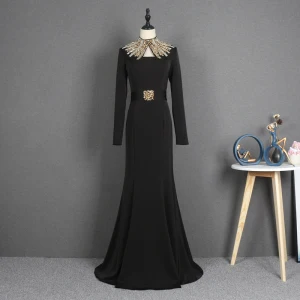 Mode Zwarte Avondjurken 2021 Trompet Zeemeermin Hoge Kraag Lange Mouwen Rhinestone Gordel Sweep Trein Ruche Gelegenheid Jurken