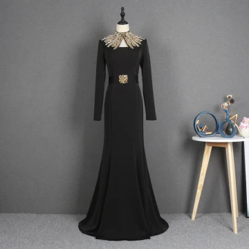 Mode Noire Robe De Soirée 2021 Trompette Sirène Col Haut Manches Longues Faux Diamant Ceinture Train De Balayage Volants Robe De Ceremonie