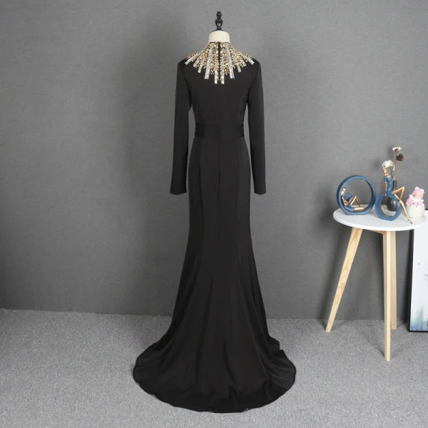 Mode Noire Robe De Soirée 2021 Trompette / Sirène Col Haut Manches Longues Faux Diamant Ceinture Train De Balayage Volants Robe De Ceremonie