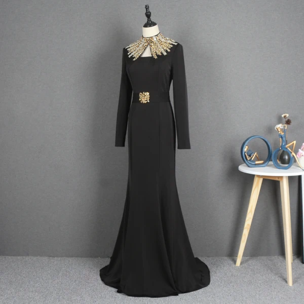 Mode Noire Robe De Soirée 2021 Trompette / Sirène Col Haut Manches Longues Faux Diamant Ceinture Train De Balayage Volants Robe De Ceremonie