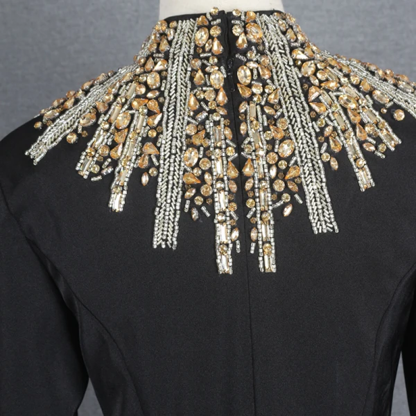 Mode Noire Robe De Soirée 2021 Trompette / Sirène Col Haut Manches Longues Faux Diamant Ceinture Train De Balayage Volants Robe De Ceremonie
