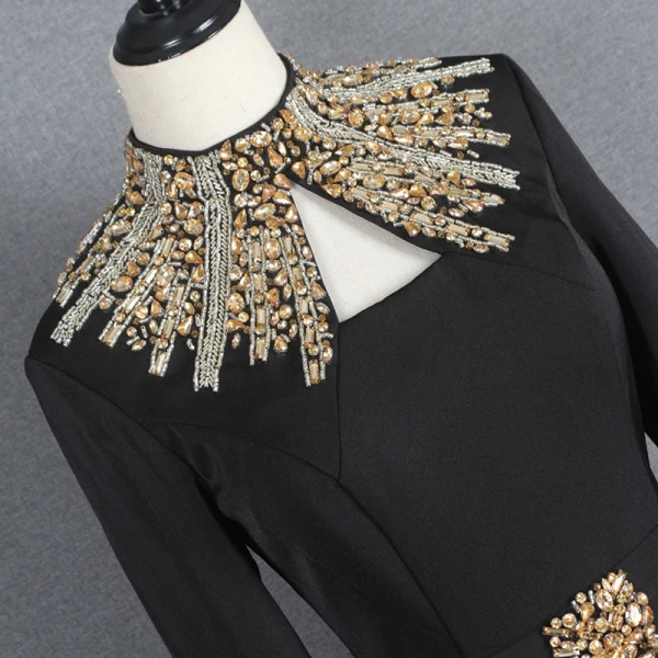 Mode Noire Robe De Soirée 2021 Trompette / Sirène Col Haut Manches Longues Faux Diamant Ceinture Train De Balayage Volants Robe De Ceremonie