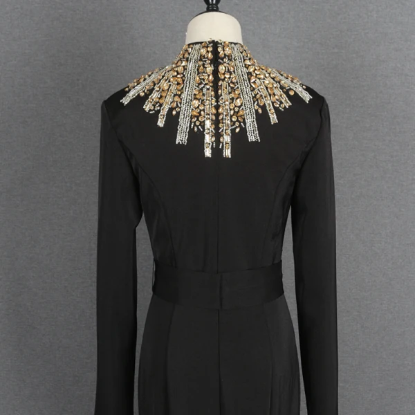 Mode Noire Robe De Soirée 2021 Trompette / Sirène Col Haut Manches Longues Faux Diamant Ceinture Train De Balayage Volants Robe De Ceremonie