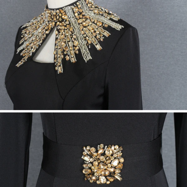 Mode Noire Robe De Soirée 2021 Trompette / Sirène Col Haut Manches Longues Faux Diamant Ceinture Train De Balayage Volants Robe De Ceremonie